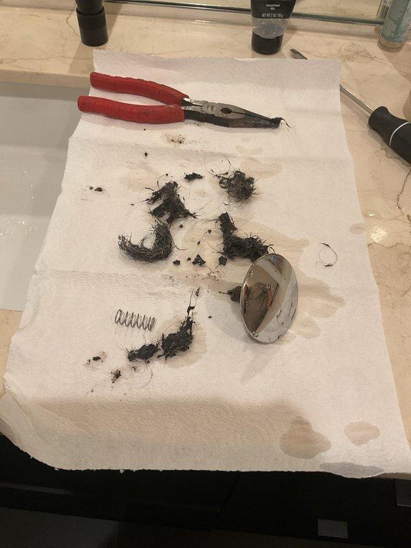 Responded to a clogged bathroom sink that had been draining slowly for several days in a historic 1890s residence. Upon inspection, accessed the under-sink plumbing and removed the drain assembly to extract accumulated hair, debris, and fibrous material causing the blockage. Cleared the obstruction, cleaned the drain components including the strainer, and reassembled the system to restore proper drainage flow.