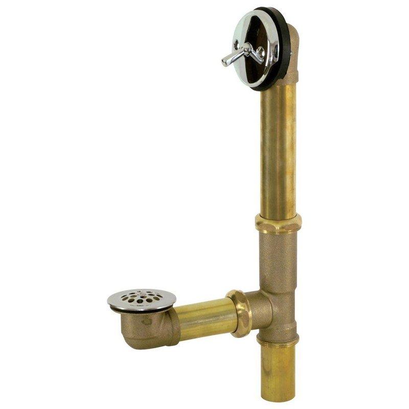 Completed installation of brass bathtub waste and overflow assembly, including chrome-plated overflow plate with lever-style drain control, brass drain piping with 90-degree elbow configuration, and decorative drain strainer. Accessed confined crawl space to connect drain assembly to existing PVC waste line, routing new plumbing through floor joists while maintaining proper drainage slope and ensuring secure connections throughout the installation.