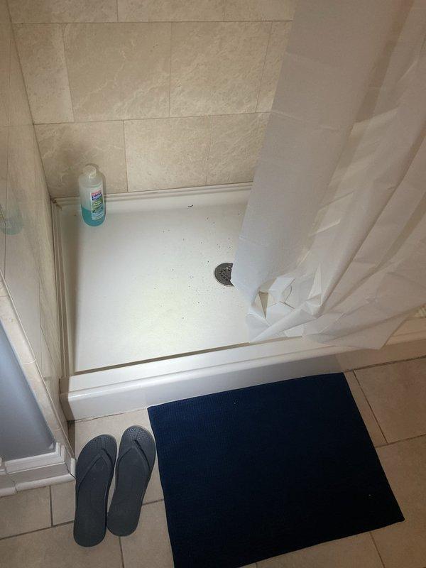 Responded to service call for water backup in basement near ejector pump and loss of cold water supply to shower. Upon arrival, inspected bathroom shower stall and identified plumbing issue affecting cold water delivery. Proceeded to basement utility area where extensive water staining and moisture damage was observed on concrete floor surrounding main plumbing stack penetration. 

Investigated ejector pump system and associated drainage lines. Found evidence of previous water backup events based on dark discoloration patterns radiating from pipe penetrations. Assessed white PVC piping configuration including main vertical stack and parallel drain lines. Examined threaded coupling connections and floor seal integrity around pipe penetrations. Noted corrugated discharge hose routing and pump components in utility space.

Cleared obstruction causing drainage backup and restored proper flow through system. Verified ejector pump operation and drainage functionality. Addressed cold water su