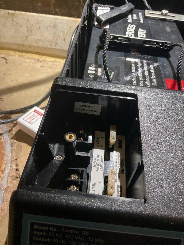 Performed warranty service on SumPro battery backup sump pump system. Replaced failed batteries in the backup unit with new sealed lead-acid batteries, reconnected terminals with proper polarity, tested system functionality, and verified LCD display and indicator lights were operating correctly.