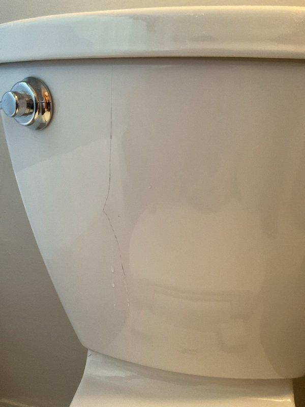 Responded to service call for toilet tank leaking at flush mechanism. Upon inspection, identified vertical hairline crack in porcelain tank extending from chrome flush button downward, causing active water seepage. Removed tank lid to assess internal components and confirm crack penetrated through ceramic material. Due to structural compromise of tank integrity, recommended complete toilet replacement as porcelain cracks cannot be permanently repaired and will continue to leak and potentially worsen over time. Documented damage with photographs showing crack location and internal flush valve assembly for records.