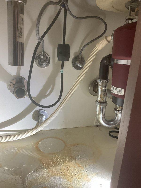 # Drain Replacement and Water Damage Assessment

Responded to service call for failed drain assembly under kitchen sink. Upon inspection, discovered significant water pooling and mineral staining on cabinet floor, indicating prolonged leak from deteriorated P-trap assembly. 

Removed and replaced corroded chrome P-trap connected to main sink drain and tailpiece assembly. Inspected adjacent plumbing components including garbage disposal connection, dishwasher drain line, and water filtration system to ensure no additional leak sources. All connections were tested for proper seal and drainage flow.

Cleaned and dried cabinet interior, removing standing water and residual contamination. Verified all drain connections are secure with no active leaks. System restored to full operational status.