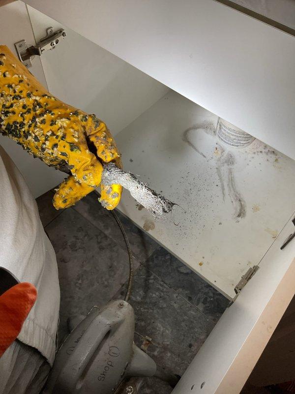 Responded to a clogged basement bathroom sink backup. Accessed the under-sink plumbing cabinet, inspected the drain assembly and P-trap, and cleared the blockage causing the drainage issue. The sink was restored to proper working condition with full drainage capability.