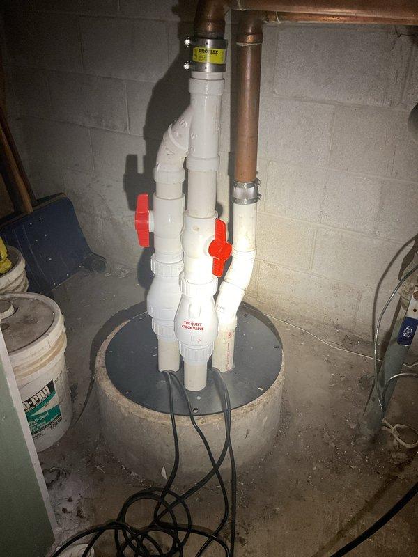 Inspected and tested operation of basement sump pump and ejector pump system, verifying proper function of multiple PVC discharge lines with red-handled valves and brass fittings. Evaluated outdoor patio drain experiencing debris accumulation issues, with leaves and organic matter collecting around central circular drain cover. Provided estimate for installation of protective grate system to prevent leaves and debris from entering drainage line and causing potential blockages.