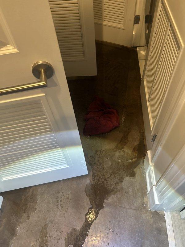 Responded to water leak investigation request for active water intrusion affecting first floor and basement areas. Upon arrival, observed extensive water damage throughout main hallway with significant staining and discoloration on concrete flooring, indicating ongoing moisture infiltration. Conducted visual inspection of affected areas and documented conditions with photographs showing irregular wet patterns and pooling across floor surfaces. Multiple louvered doors accessing utility spaces were examined as potential source points. Water damage patterns suggested moisture migration from upper level penetrating through to lower basement area. Provided assessment findings and recommendations for repair estimates to address identified water intrusion issues.