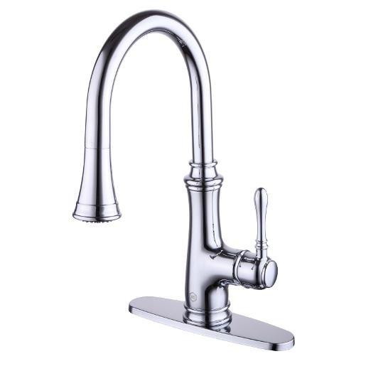 Completed installation of a chrome-finished single-handle kitchen faucet with high-arc gooseneck spout and pull-down spray functionality. The unit was mounted on a rectangular deck plate and features a single lever handle for temperature and flow control. All connections were secured, tested for proper operation and leaks, and the installation was verified to be functioning correctly.