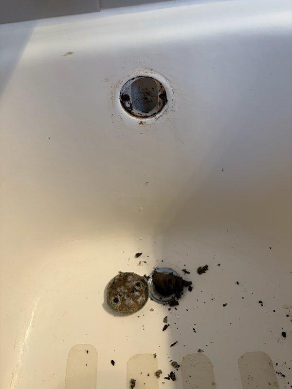 Responded to callback for shower leak now penetrating into basement level. Upon inspection, identified heavily corroded overflow drain assembly and main drain strainer with significant buildup causing improper seal and water bypass. Removed deteriorated drain components exhibiting rust staining, mineral deposits, and organic debris accumulation. Documented existing conditions showing compromised metal fixtures and inadequate drainage function. Addressed leak source at tub overflow and drain assembly to prevent further water intrusion into lower level.