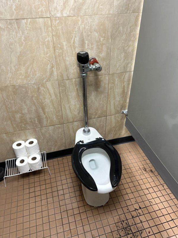 Completed plumbing service repair on commercial restroom toilet fixture. Inspected and serviced wall-mounted chrome flush valve assembly with manual handle operation. Verified proper function of flush mechanism and water flow control. Documented existing conditions of porcelain fixture, wall-mounted valve components, and surrounding tile work for service records.