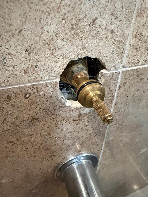 Responded to service call for reported shower leak. Upon inspection, identified worn shower valve cartridge with visible deterioration of chrome-plated trim and escutcheon. Documented existing conditions showing compromised fixture finish and aging valve stem assembly. Removed deteriorated shower handle and trim to expose valve cartridge for replacement assessment. Provided estimate for complete valve cartridge replacement and trim kit installation to resolve leak and restore proper fixture operation.