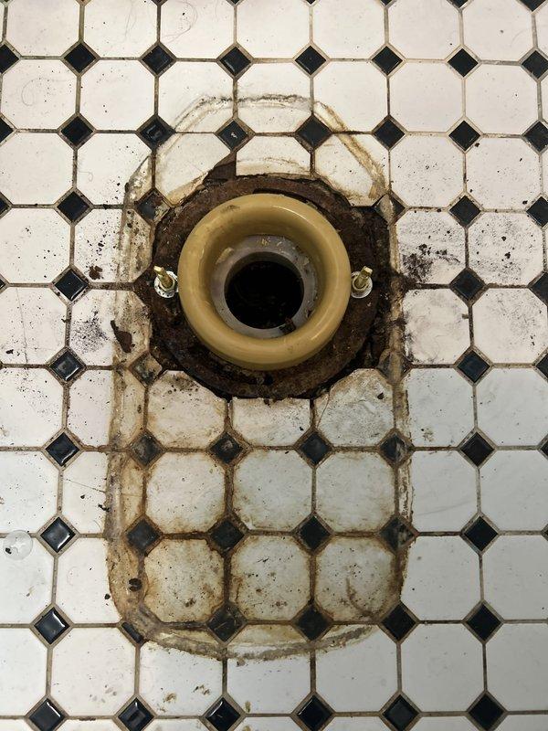 Responded to service call for toilet installation on main level. ADA-compliant toilet currently unavailable and in shop for procurement. Assessed installation site and confirmed readiness for replacement toilet fixture once unit becomes available. Documented existing bathroom fixtures including dual basin sink configuration and floor drain conditions showing age-related staining and mineral deposits on octagonal tile flooring. Customer acknowledged and approved additional charges for secondary toilet installation work to proceed upon arrival of ADA-compliant unit.