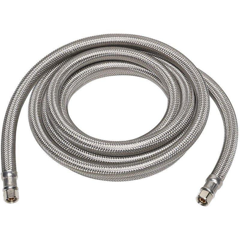 Replaced water supply line with new braided stainless steel flexible hose and installed brass T-fitting connector to repair plumbing system. All connections were properly threaded and sealed to ensure leak-free operation.