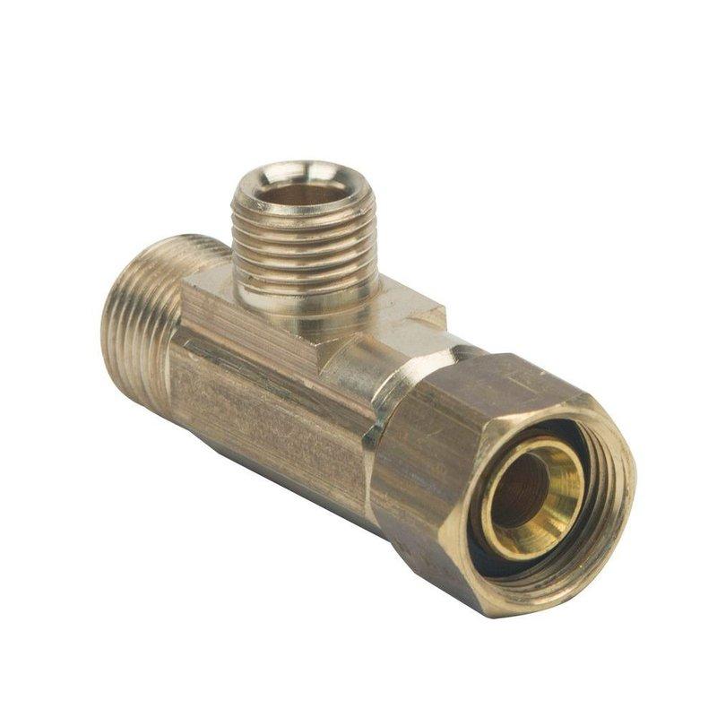 Replaced water supply line with new braided stainless steel flexible hose and installed brass T-fitting connector to repair plumbing system. All connections were properly threaded and sealed to ensure leak-free operation.
