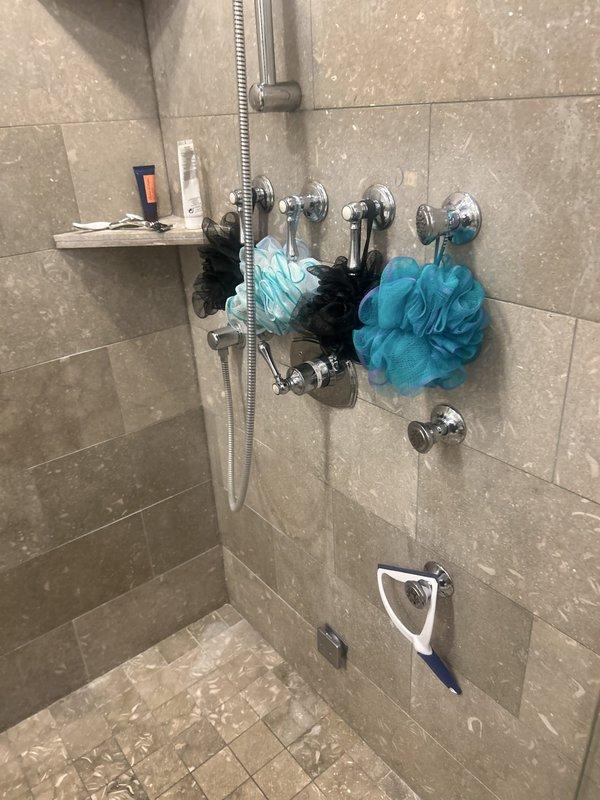 Responded to plumbing service call for reported water leak at toilet connection and intermittent shower faucet dripping in 14-year-old residential property. Upon arrival, conducted thorough inspection of both fixtures with no active leaks present at time of visit.

Removed toilet tank lid to access internal flushing mechanism and inspect fill valve assembly, flapper, and supply line connections. Examined blue ballcock float valve assembly and associated black tubing for signs of wear, mineral buildup, or component failure. Inspected tank-to-bowl gasket and flush handle mechanism for proper operation. Tightened water supply connection at toilet base and verified seal integrity at compression fitting.

Proceeded to shower area to diagnose reported intermittent dripping from chrome handheld showerhead fixture. Inspected shower valve assembly, diverter mechanism, and cartridge for internal wear. Examined flexible metal hose connection points at both wall mount and showerhead for loose fitt