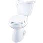 Completed sale and documentation of standard two-piece white porcelain toilet unit. Photographed fixture from multiple angles showing tank, bowl, raised lid, and complete profile to document product condition and specifications for sales records.