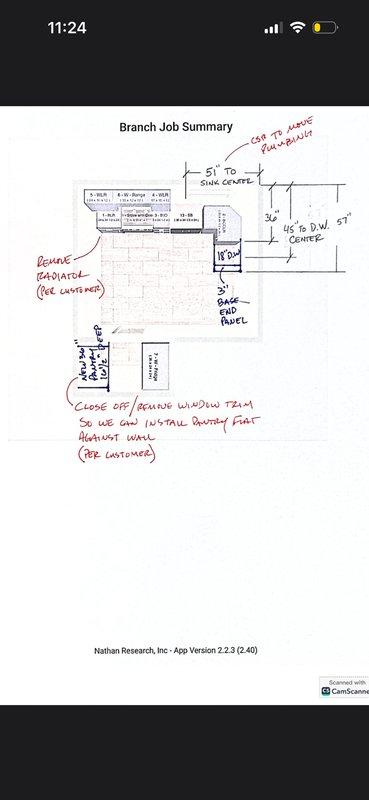Conducted site assessment and created detailed branch job summary diagram for kitchen plumbing and HVAC modifications. Measurements documented include 51" to sink center, 45" to dishwasher center, and 3' gas radiant panel placement. Proposed removal and replacement of existing window tray to accommodate new ductwork installation for heat output through wall per customer specifications. Inspected existing copper piping system and PVC conduit in utility area, noting proper bracket mounting and valve placements. Project will resume upon completion of cabinet installation to finalize plumbing rough-in connections for sink and dishwasher centers.