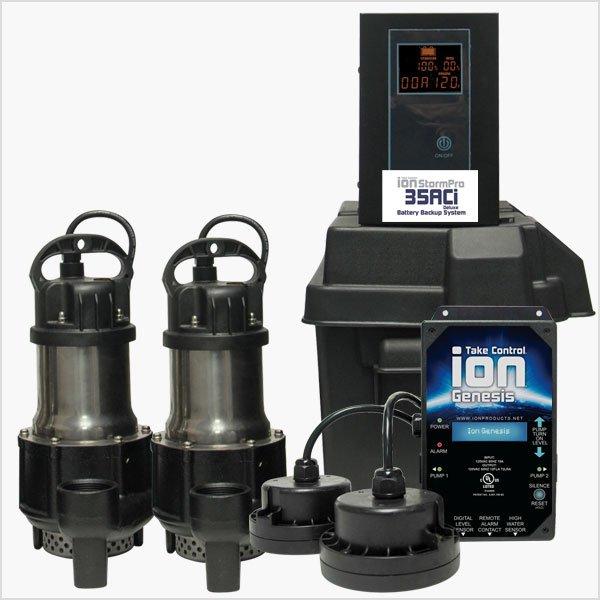 Sold and presented iOn Standard 35ACi Battery Backup Sump Pump System to customer, including dual submersible pumps, Genesis control unit with digital display monitoring, and float switch assemblies. Reviewed system specifications showing reserve power capacity up to 45 hours with variable duty cycle performance, with payment to be collected prior to installation commencement.