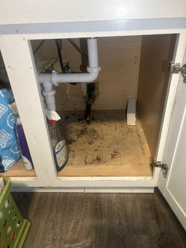 Responded to water leak originating from second-floor bathroom. Upon investigation, identified active leak in PVC drain assembly beneath bathroom fixtures causing water infiltration into floor cavity and migrating to first-floor kitchen cabinet below. Inspection revealed significant water staining and moisture damage on wooden floor framing members and cabinet interior surfaces, with visible discoloration and debris accumulation indicating prolonged exposure. Accessed affected areas through floor opening and under-sink cabinet to assess extent of damage. Documented conditions with photographs showing compromised PVC pipe connections, water-damaged framing, and saturated cabinet base for insurance documentation purposes. Provided detailed estimate outlining necessary repairs to plumbing system and water-damaged structural components.