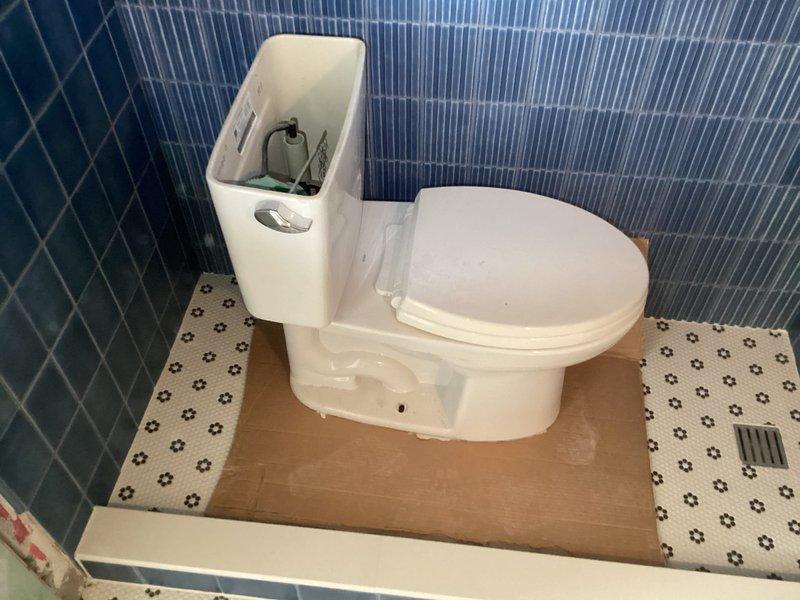 Completed shower trim installation in bathroom with blue ceramic tile walls. Installed shower valve control mechanism and shower arm connection, ensuring proper mounting and waterproofing integration with existing red membrane system. Provided estimate for vanity installation as requested.