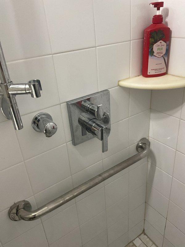 Replaced faulty shower valve cartridge in tiled shower enclosure. Building was shut down to complete the repair work. Removed existing trim plate to access the valve assembly, extracted the old cartridge, and installed new replacement cartridge with proper sealing to restore full temperature and volume control functionality to the shower system.