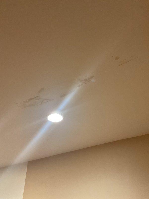 Responded to priority ceiling leak in century-old residence. Upon arrival, conducted visual inspection and documented extensive water damage on ceiling surfaces, with dark brownish-gray staining and discoloration patterns indicating active or recent water intrusion from above. Photographed affected areas showing multiple streak marks and irregular stain patterns across ceiling near recessed lighting fixture. Assessed damage severity and documented conditions for further diagnostic work to locate source of leak in plumbing system or building envelope above affected room.