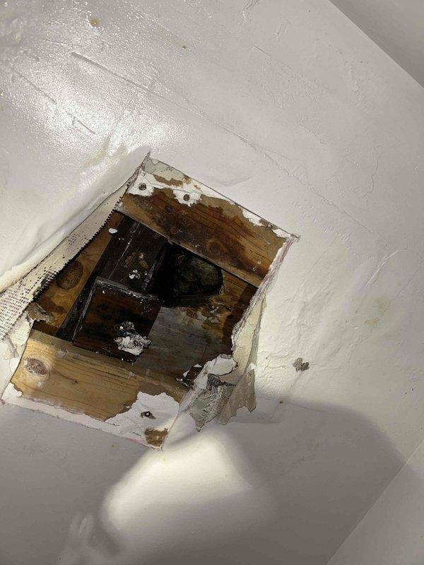 Responded to return service call for recurring toilet leak causing water damage to first floor bathroom ceiling. Upon arrival, found active leak had created substantial damage with large opening in ceiling exposing structural framing and plumbing components. Inspected toilet connection and supply lines through ceiling access point. Documented damage to ceiling drywall, wooden framing showing moisture staining and discoloration, and visible plumbing fixtures including copper piping and fittings in confined ceiling cavity. Assessed condition of mechanical components and leak source requiring repair to prevent further water intrusion and structural damage.