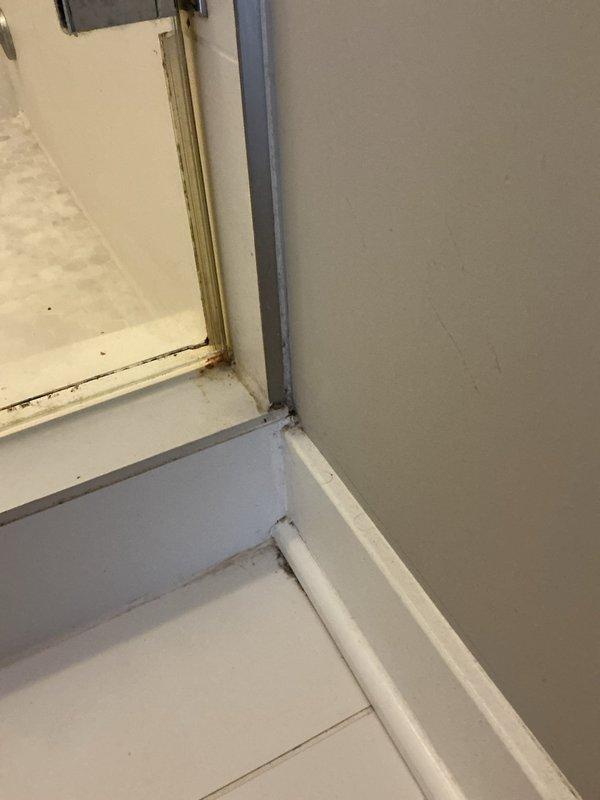 Responded to report of water leak causing damage to shower ceiling. Conducted thorough inspection of bathroom area to locate source of moisture intrusion. Examined wall and floor junctions, door threshold transitions, and adjacent surfaces for signs of water penetration. Assessed conditions around shower enclosure including corners, baseboards, and trim areas where water infiltration commonly occurs. Documented findings with photographic evidence showing inspection points at doorway threshold, wall corners, and bathroom fixtures. Identified potential leak pathways and moisture damage indicators requiring further investigation or repair work.