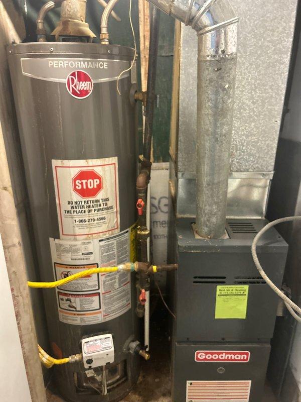 Performed comprehensive gas pressure test from meter throughout residential gas piping system in mechanical room following customer-arranged leak repair above water heater. Conducted thorough inspection of all exposed gas lines, connections, and fittings including supply lines to Rheem water heater and Goodman furnace. Verified system integrity and confirmed all connections hold proper pressure with no detectable leaks, meeting requirements for utility company reconnection approval.