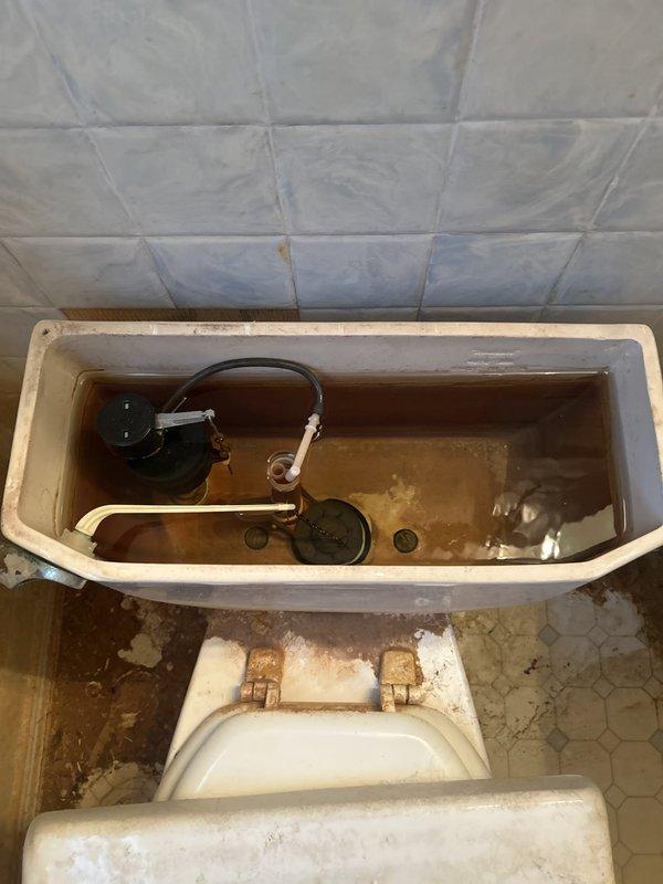 Responded to service call for continuously running toilet. Upon inspection, found deteriorated flapper valve and corroded internal tank components causing constant water flow. Tank water showed significant discoloration indicating sediment buildup and potential supply line corrosion. Replaced faulty flapper valve and chain assembly to restore proper flush cycle and stop water waste. Inspected fill valve mechanism and adjusted water level to manufacturer specifications. Noted extensive rust staining on tank hardware and toilet mounting bolts, as well as significant deterioration of surrounding flooring and water damage to wall surfaces, which may require future attention. Tested flush mechanism multiple times to verify proper operation and confirm complete seal after each cycle. Toilet now functioning correctly with no continuous running.