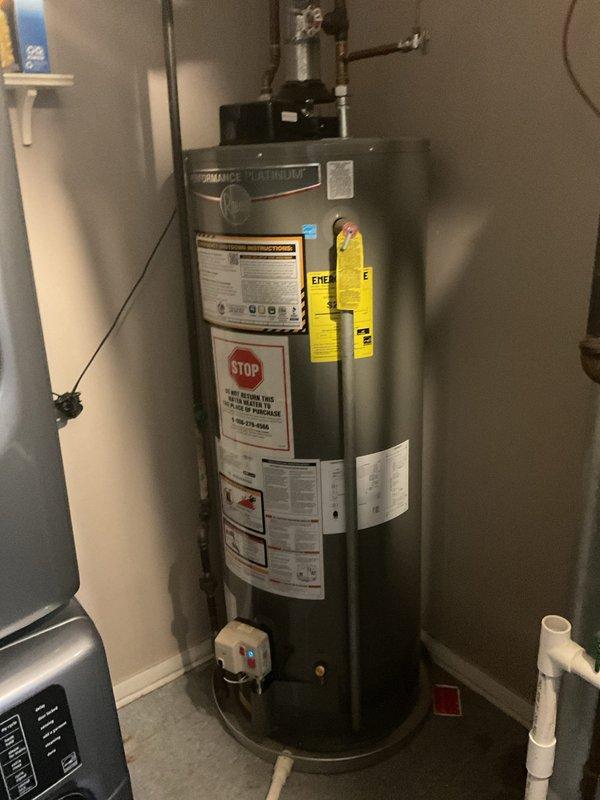 Responded to no hot water complaint at residential property. Upon arrival, inspected Performance Platinum tanked water heater unit (Model XCGDT170N40U0, Serial CHV723370, manufactured December 2017) and confirmed status light operational with no visible leaks or external damage. Performed diagnostic testing on 7-year-old natural gas water heater system. Verified gas supply, pilot assembly, thermocouple, and burner operation. Identified failed heating element preventing proper water heating throughout residence. Replaced defective component and tested system functionality. Confirmed proper ignition sequence, burner flame pattern, and temperature rise. Verified all safety features including pressure relief valve and proper venting. Restored full hot water service to all fixtures in home. System now operating within manufacturer specifications at proper temperature settings.