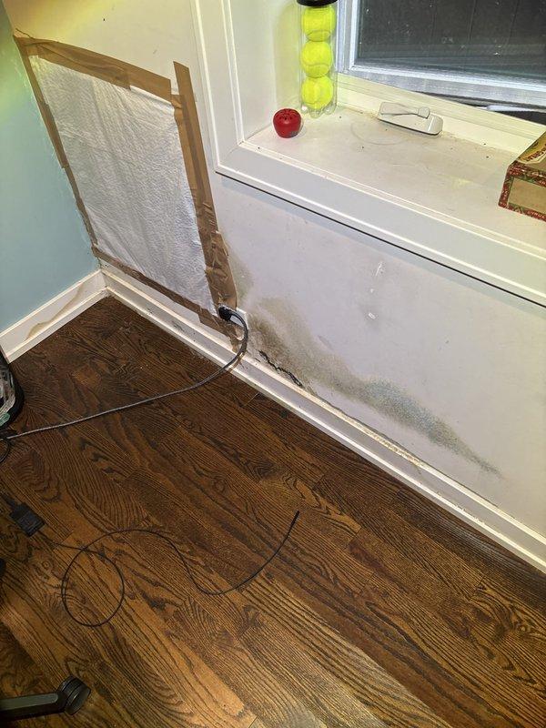 Responded to water leak concern in middle bedroom where customer reported mold growth along bottom wall. Upon inspection, confirmed significant mold contamination on white cabinet base and adjacent wall surfaces near floor level, indicating prolonged moisture intrusion. Documented extensive dark gray-black mold growth with characteristic fuzzy texture spanning cabinet lower panel and baseboard area. Installed protective coverings and began moisture remediation protocol. Set up air filtration equipment and dehumidification system to control airborne spores and reduce ambient moisture levels. Investigation revealed water source requiring further assessment to determine if leak originates from exterior window penetration, interior plumbing, or foundation moisture wicking through wall assembly.