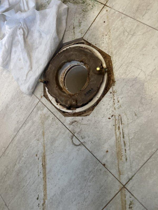 Responded to water leak complaint with water leaking through ceiling when toilet flushes. Upon investigation, identified severely corroded and rusted toilet flange as the source of the leak. The deteriorated flange seal was allowing water to bypass the wax ring during flushing, causing water infiltration through the floor and into the ceiling below. Documented existing conditions including compromised flange integrity, standing water at the base, and water damage to surrounding tile and grout.
