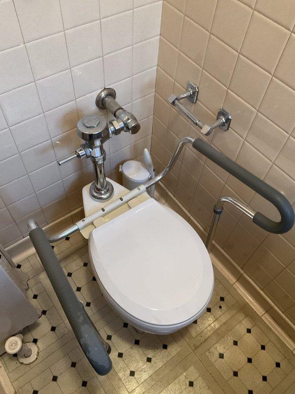 Completed installation of ADA-compliant toilet in residential bathroom with wall-mounted flush valve system and accessibility grab bars. All plumbing connections were secured and tested for proper function and leak-free operation.