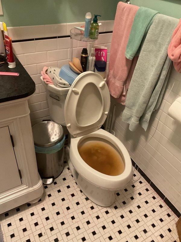 # Toilet Clog Clearance and Drainage Restoration

Responded to service call for toilet fixture not flushing properly. Upon arrival, found toilet bowl containing discolored water with brownish-orange tinting, indicating drainage obstruction. Performed diagnostic assessment to determine blockage location and severity.

Utilized professional drain clearing equipment to address the clog within the toilet trap and drain line. Successfully cleared the obstruction and restored proper drainage function. Conducted flush testing to verify complete clearance and proper water flow through the fixture. Toilet bowl water returned to clear condition following clearance procedure.

Inspected surrounding plumbing fixtures and drainage system for additional issues. Verified proper operation of toilet mechanism and flushing components. Left fixture in clean, operational condition with normal water levels and drainage performance restored.