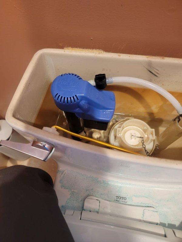 Performed VIP annual maintenance on TOTO toilet system. Inspected tank components and identified failed flapper valve causing improper seal and water waste. Replaced defective flapper with new unit and adjusted chain tension for optimal flush performance. Examined float valve assembly and flush mechanism, confirming proper operation. Noted mineral deposits and discoloration in tank requiring future descaling maintenance.