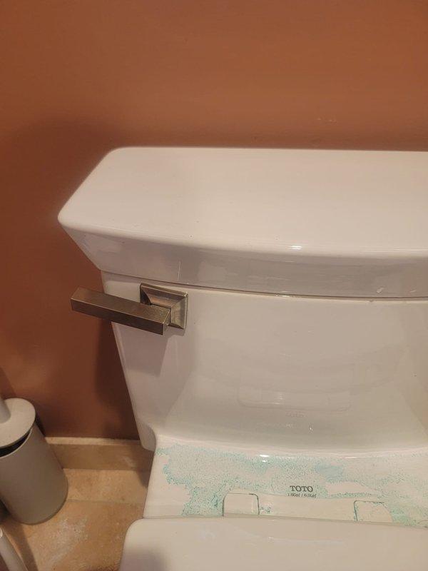 Performed VIP annual maintenance on TOTO toilet system. Inspected tank components and identified failed flapper valve causing improper seal and water waste. Replaced defective flapper with new unit and adjusted chain tension for optimal flush performance. Examined float valve assembly and flush mechanism, confirming proper operation. Noted mineral deposits and discoloration in tank requiring future descaling maintenance.