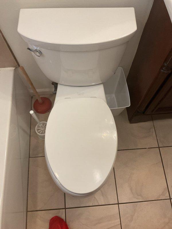 Completed plumbing inspection and assessment of bathroom facilities, including toilet installation and floor drain condition. Documented existing fixtures showing standard two-piece toilet in good working condition with chrome flush lever, and identified floor drain with visible mineral staining and discoloration requiring maintenance attention. Provided photographic documentation and repair recommendations to customer for approval of necessary drain cleaning and restoration services.