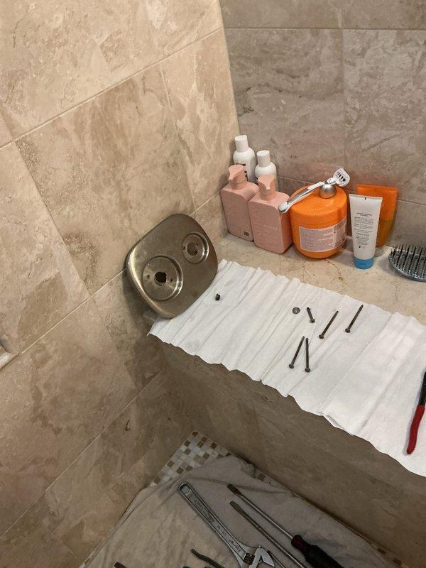 Completed shower diverter valve replacement in tiled bathroom enclosure. Accessed plumbing components through existing wall cavity containing brass valve mechanisms, removed failed diverter assembly, and installed new replacement unit. Restored proper water flow control between shower fixtures and verified operation of all valve functions.