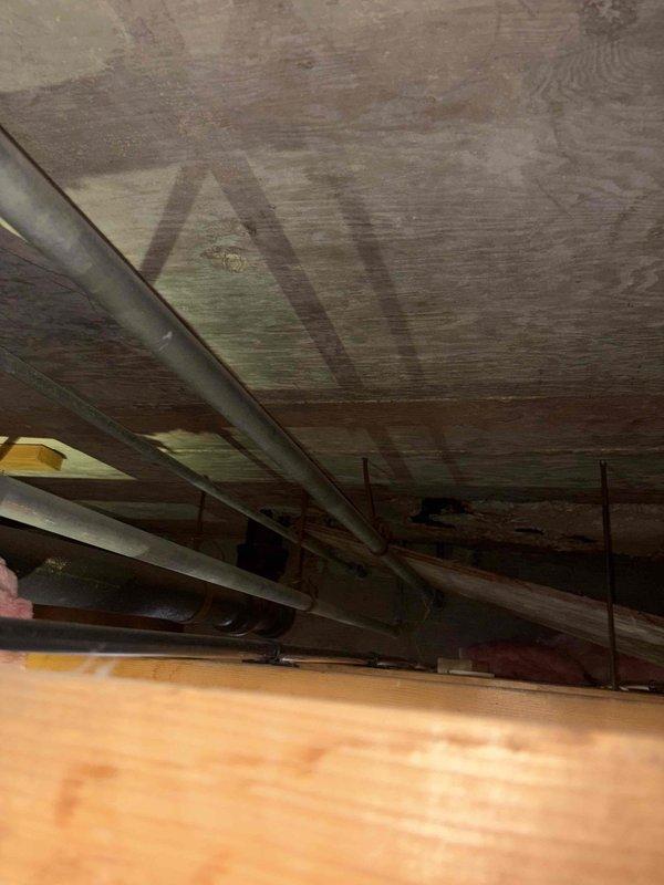 Coordinated building water shut down to facilitate plumbing system inspection and assessment. Documented existing conditions of main water supply assembly, including backflow preventer, pressure gauge, and associated piping showing deterioration of insulation wrapping and age-related wear. Inspected exposed garage ceiling area to assess horizontal piping system and identified significant water damage and potential mold growth on overhead plywood surfaces. Photographed before conditions of plumbing infrastructure and water-damaged ceiling areas for documentation and estimation purposes. Building management opened ceiling access to allow for comprehensive evaluation of garage horizontal piping network requiring potential replacement or repair work.