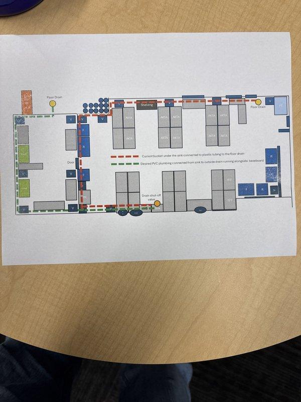 Conducted site assessment for commercial plumbing piping estimate involving chemical waste drainage system handling Sodium Hydroxide (0.1M) solutions with basic pH levels. Reviewed facility floor plans and layout diagrams to identify existing drainage infrastructure, piping routes, and equipment locations for proper chemical waste disposal compliance. Documentation included photographic records of architectural layouts showing multiple zones, drainage pathways, and potential connection points for alkaline waste management system.
