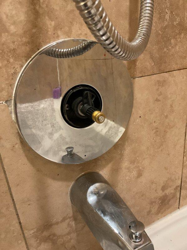 Replaced worn shower valve trim and components in bathroom tub/shower fixture. Removed old corroded valve assembly and installed new chrome trim plate with updated control mechanism, ensuring proper function of diverter system between tub spout and shower head with flexible hose connection.