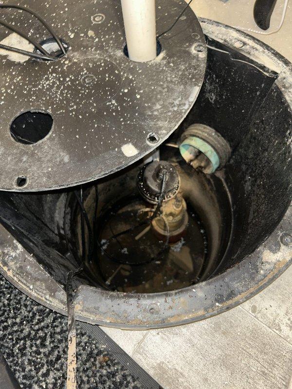 Inspected and assessed sump pump system in basement area. Removed heavily corroded and deteriorated pump components showing extensive rust, surface degradation, and material flaking. Documented existing pump assembly condition including mechanical fittings, discharge piping, and basin interior with standing water. Presented replacement recommendations based on advanced corrosion of critical pump components and provided photographic evidence of system condition to facilitate repair authorization.