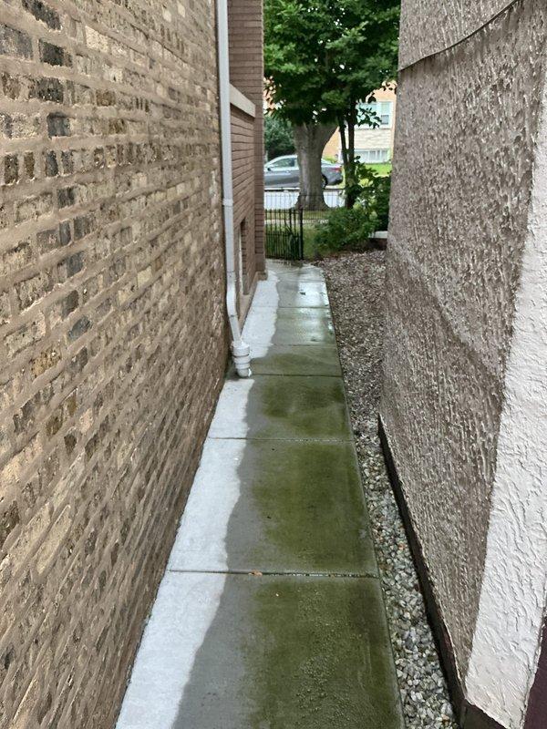 Responded to basement flooding complaint and conducted site inspection of property drainage systems. Identified inadequate surface water management in side yard passageway where moisture accumulation and algae growth indicated persistent water intrusion issues. Evaluated existing gravel drainage channel along foundation and assessed downspout discharge patterns contributing to water pooling near structure. Documented conditions of concrete walkway showing significant moisture retention and organic growth, confirming improper grading directing water toward basement foundation rather than away from building. Inspected secondary side yard area and identified additional drainage concerns near HVAC unit and foundation plantings where water may be infiltrating basement walls during heavy rainfall events.
