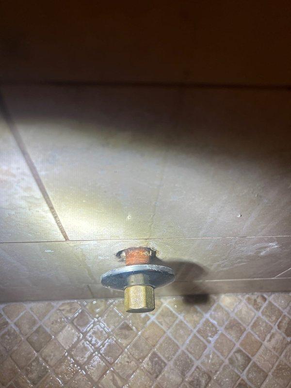 Responded to building shutdown for emergency plumbing repair. Addressed leaking shower valve assembly with water damage evident on surrounding tile surfaces, and inspected ceiling-mounted brass plumbing fitting showing potential seal failure with visible gasket material. Building water supply was shut down to facilitate repairs and prevent further water intrusion damage.
