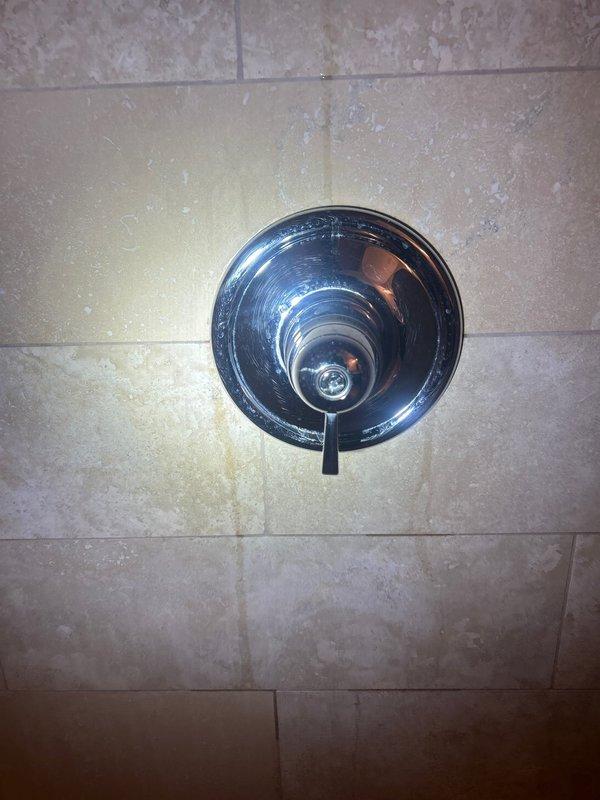 Responded to building shutdown for emergency plumbing repair. Addressed leaking shower valve assembly with water damage evident on surrounding tile surfaces, and inspected ceiling-mounted brass plumbing fitting showing potential seal failure with visible gasket material. Building water supply was shut down to facilitate repairs and prevent further water intrusion damage.