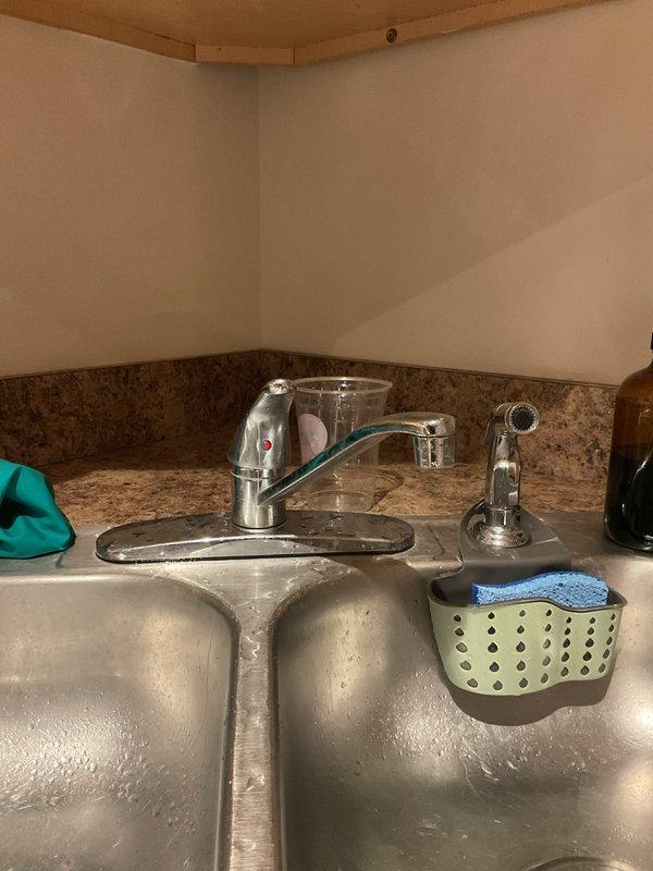 Conducted on-site assessment for kitchen sink and faucet replacement in tenant unit. Inspected existing stainless steel double-basin sink with chrome single-handle faucet and side spray assembly. Examined undersink plumbing configuration including drain assembly with gray metal tailpiece, flexible braided supply lines, and white PVC drain piping. Identified active leak beneath sink requiring immediate attention. Documented current fixture conditions and cabinet access points. Provided estimate for budget-friendly replacement options for sink and faucet assembly, along with repair of identified leak in undersink plumbing system.