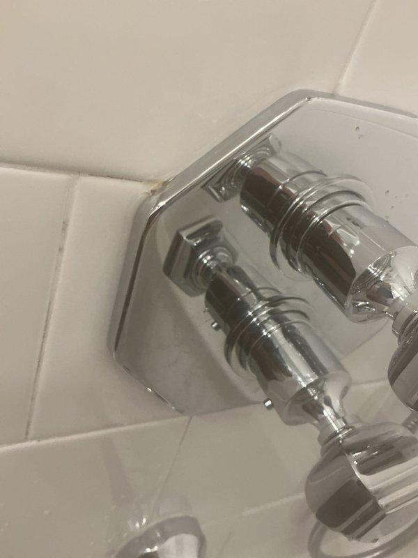 Responded to no hot water issue at bathtub fixture. Upon inspection, found chrome dual-handle thermostatic shower valve with handles potentially over-tightened, restricting hot water flow. Adjusted valve handles to proper operating position, restoring full hot water delivery to tub spout and shower fixtures.