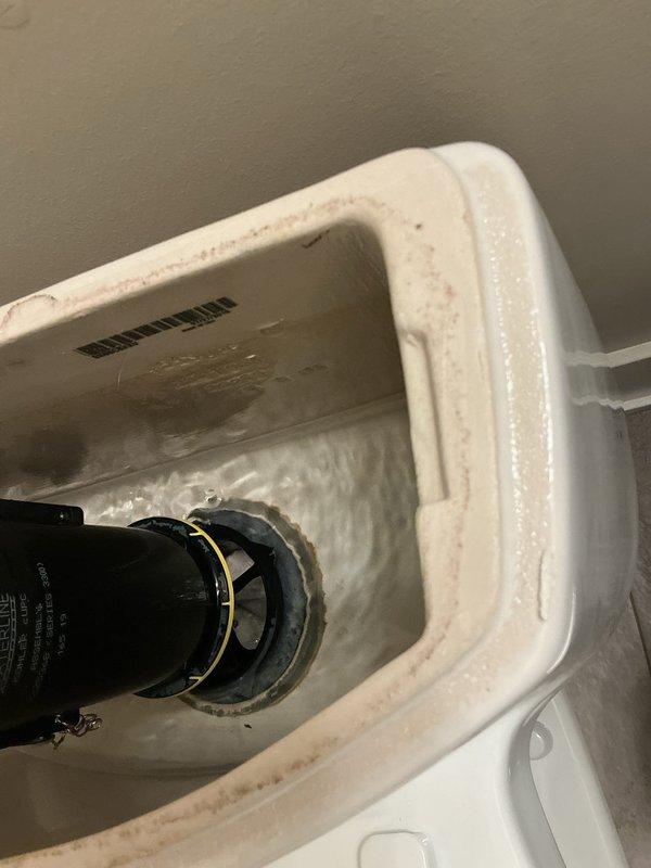 Responded to complaint of black and grayish sediment accumulating in toilet bowl after flushing. Conducted thorough inspection of toilet fixture and associated plumbing connections to determine source of discoloration. Examined under-sink plumbing infrastructure, including supply lines, shut-off valves, and pipe connections for potential sediment sources or corrosion. Inspected HVAC condensate drain pan which showed significant mineral deposits and rust staining, indicating potential water quality issues affecting multiple fixtures. Determined sediment issue was related to water quality rather than toilet malfunction, with mineral deposits and corrosion present throughout plumbing system. Documented conditions with photographs for record.