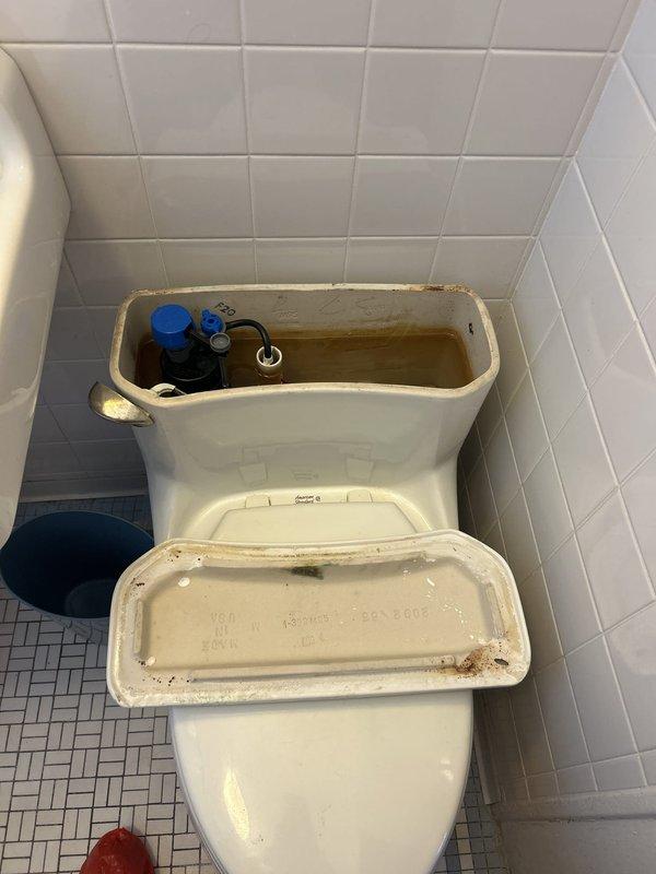 Responded to service call for running toilet. Upon inspection, removed tank lid and identified deteriorated flapper valve and corroded internal tank components causing continuous water flow. Tank water showed discoloration indicating mineral buildup and aging hardware. Replaced faulty flapper assembly and adjusted fill valve to proper water level. Tested flush mechanism multiple times to ensure proper operation and confirmed toilet no longer running between flush cycles. Verified all internal components functioning correctly with no active leaks detected.