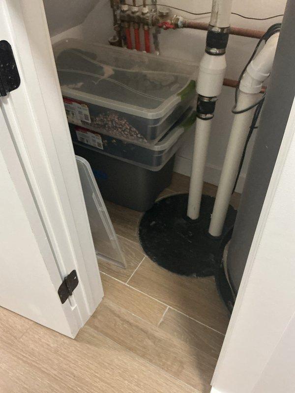 Conducted assessment of residential ejector pump system located in utility closet following recent failure of identical unit in neighboring property that resulted in flooding. Inspected existing pump installation, discharge piping configuration, basin condition, and evaluated pump capacity against current drainage requirements. Documented system components including PVC discharge lines, check valve assembly, and electrical connections through photographic evidence to provide comprehensive evaluation and replacement recommendations.