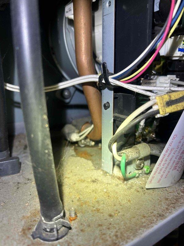 Responded to service call for Rheem tankless water heater malfunction. Upon inspection, found significant dust and debris accumulation in the unit's internal compartment affecting operational components. Performed thorough cleaning of heat exchanger assembly, burner chamber, and electrical connections. Inspected water supply lines, shut-off valves, and inlet filtration system for proper function. Verified all brass fittings, compression connections, and isolation valves were secure and leak-free. Cleared condensate drain lines and checked venting system. Tested unit operation and confirmed proper ignition sequence, water flow, and temperature output restored to manufacturer specifications.